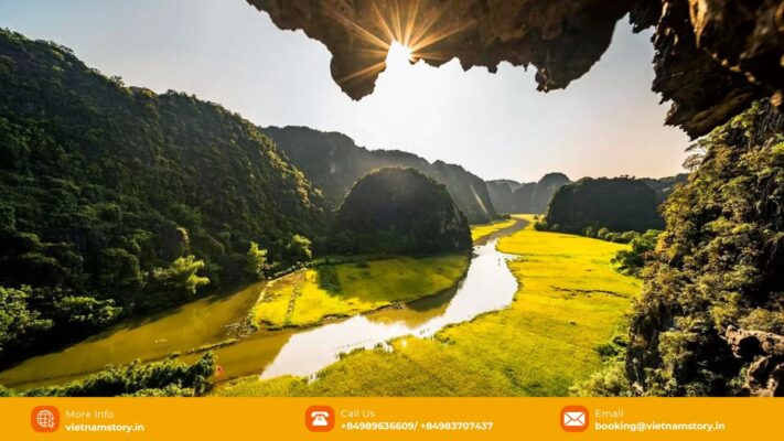 Rice fields and limestone karsts in the Tam Coc area below Hang Mua