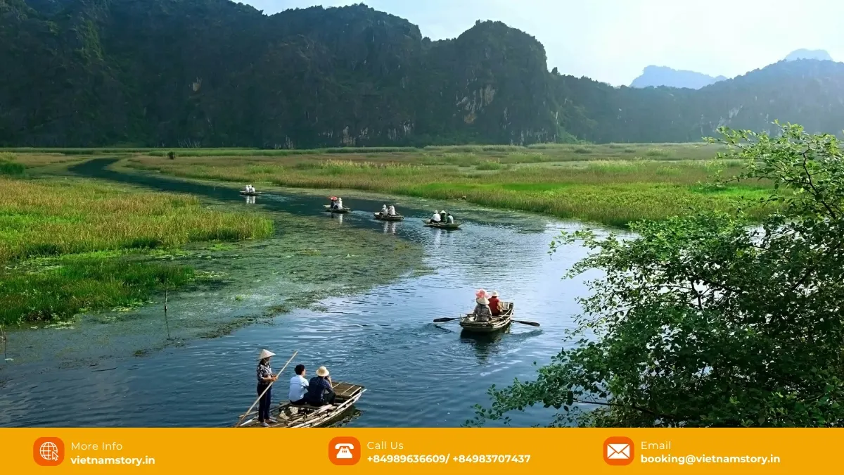 Small boat moving through Van Long Nature Reserve wetland