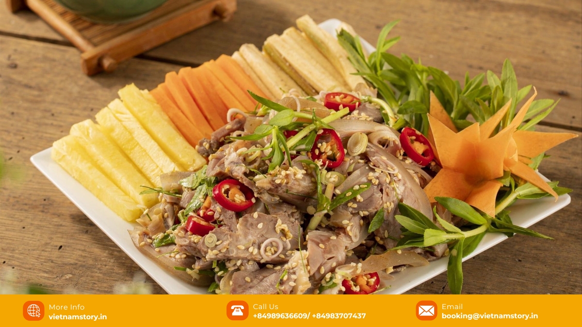 Rare goat meat with lemon is a signature dish of Ninh Binh, often enjoyed with fresh herbs and fermented soybean paste for an unforgettable flavor. Rare goat meat with lemon is a signature dish of Ninh Binh, often enjoyed with fresh herbs and fermented soybean paste for an unforgettable flavor.
