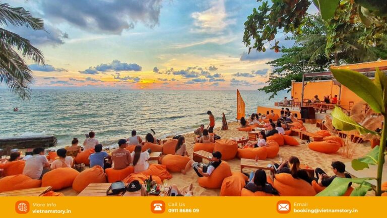 Beach-bar seating on Phu Quoc's west coast around sunset