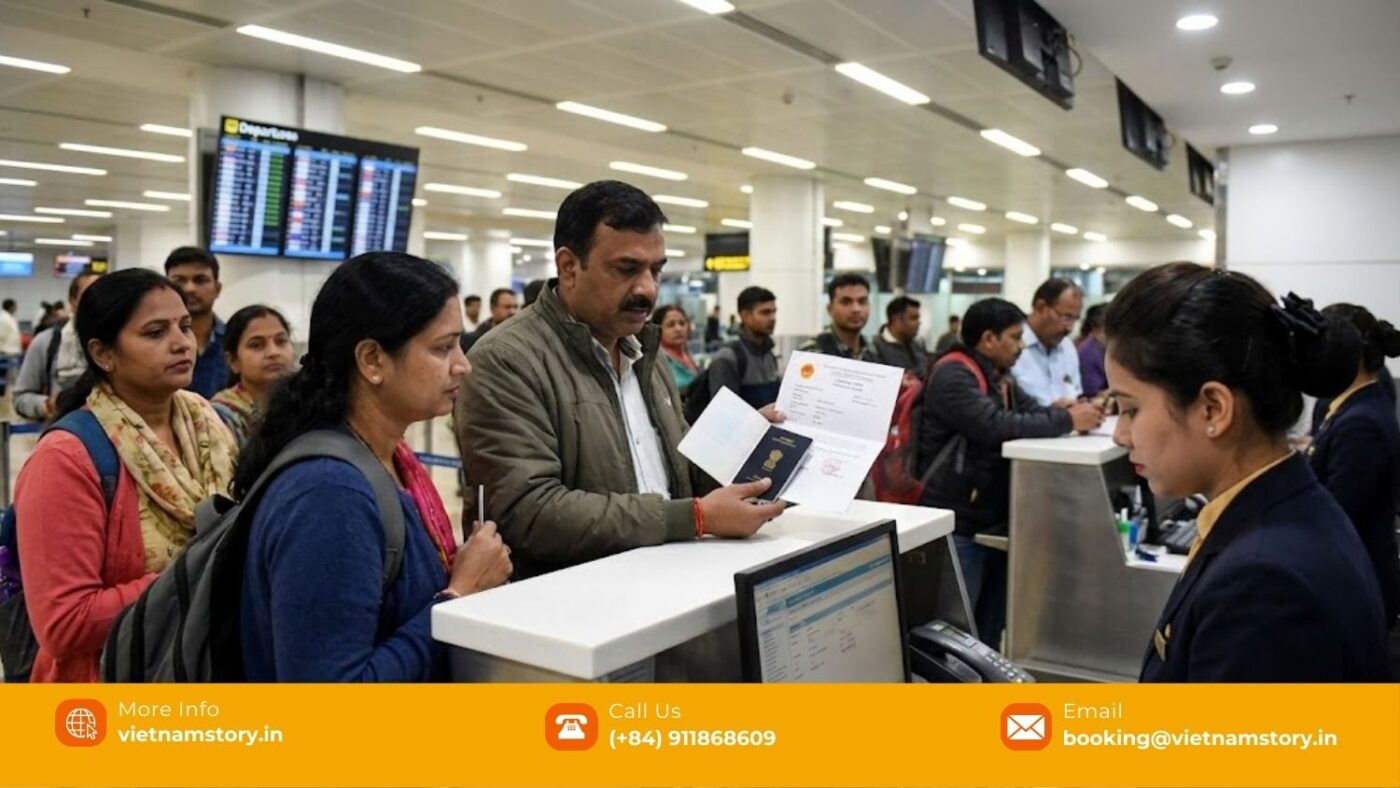 Indian travellers at Delhi airport showing passport and Vietnam e-visa during airline check-in