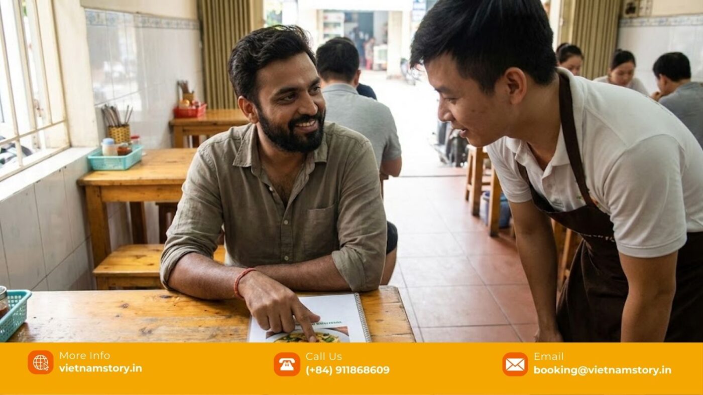 Indian traveller from Delhi ordering vegetarian food clearly at a Vietnamese restaurant