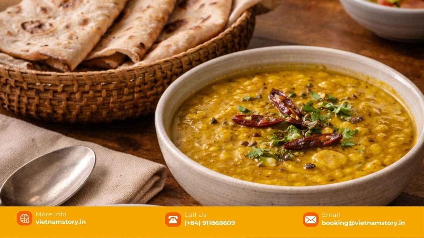 Indian vegetarian comfort meal such as dal, roti, and rice served in Vietnam for Delhi travellers
