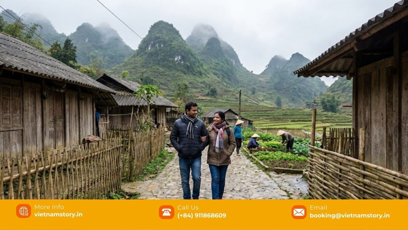 Indian couple experiencing cultural and scenic travel in North Vietnam