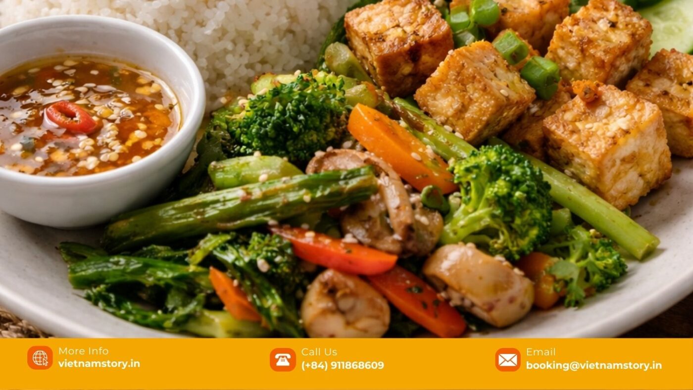 Vegetarian Vietnamese meal with tofu, rice, vegetables, and fresh herbs suitable for Indian travellers from Delhi