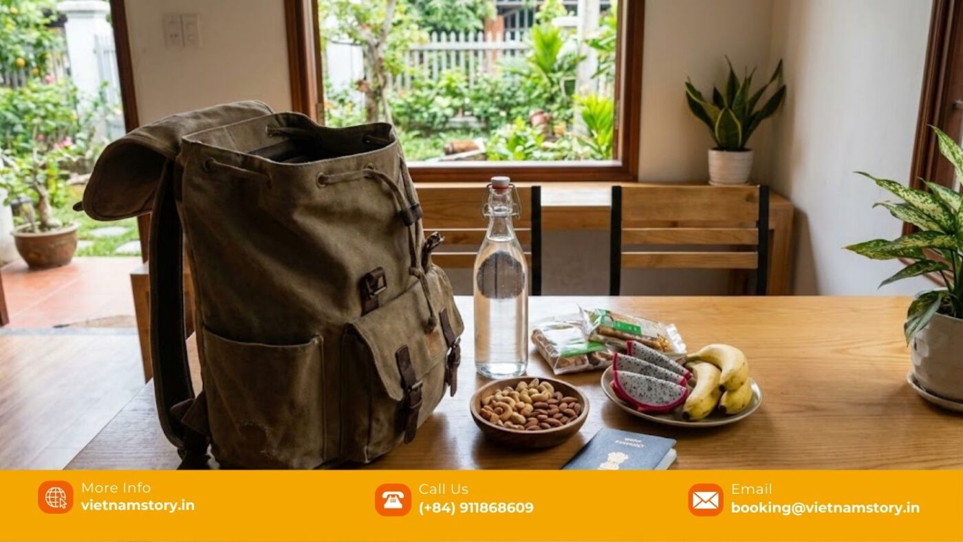 Vegetarian travel snacks, bottled water, and fruits prepared by Indian travellers from Delhi in Vietnam
