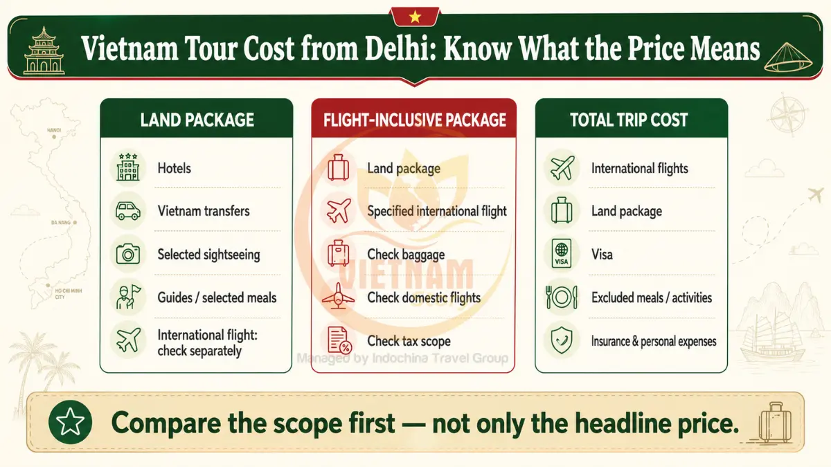 Vietnam Tour Cost from Delhi – Package Price Scope Comparison Vietnam tour cost from Delhi comparing land package flight-inclusive package and total trip cost