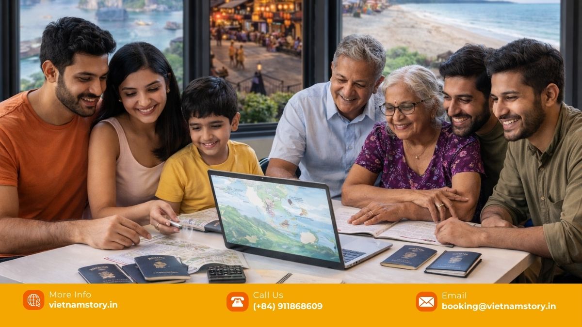 Indian travellers from Delhi planning a Vietnam tour together, reviewing destinations and travel styles