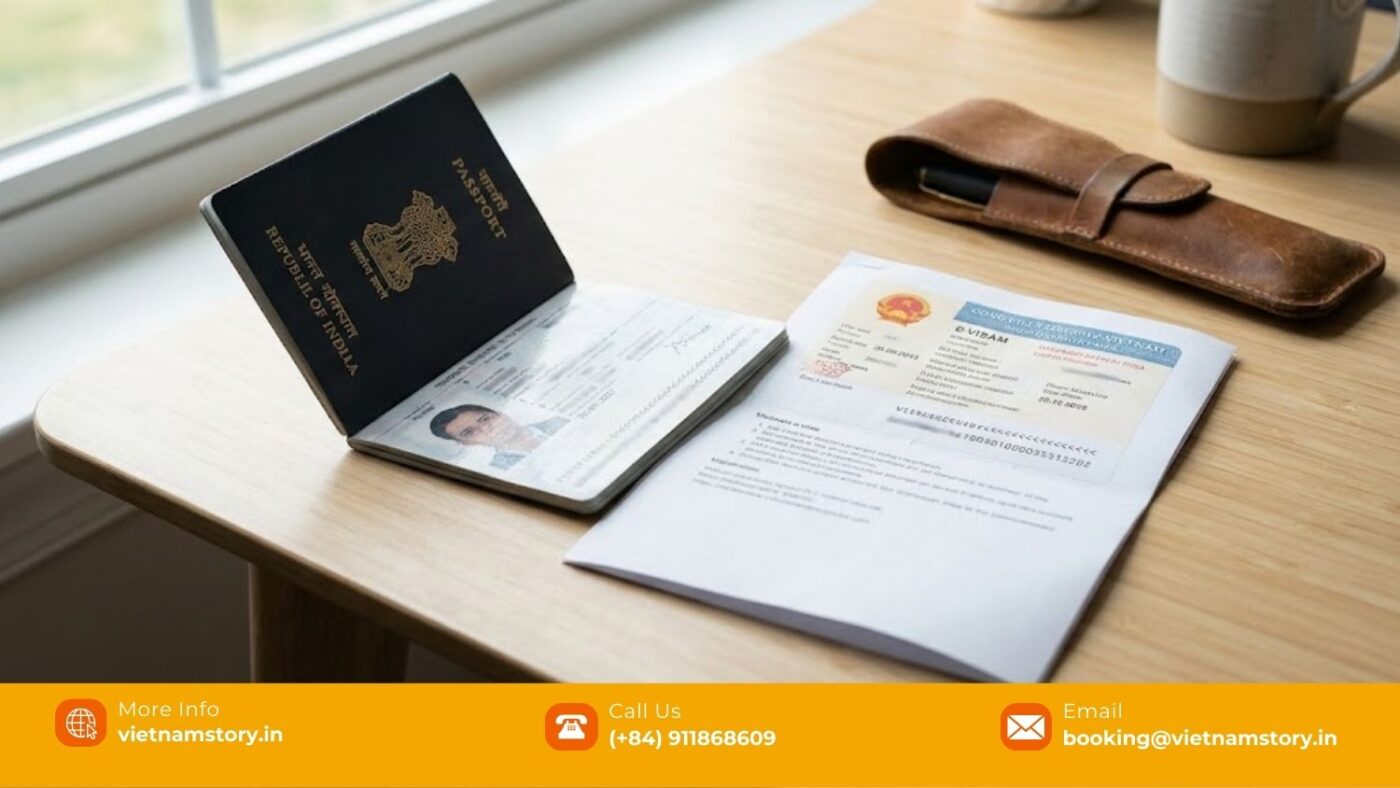 Indian passport with Vietnam e-visa printout placed on a travel desk, representing visa preparation for travellers from Delhi