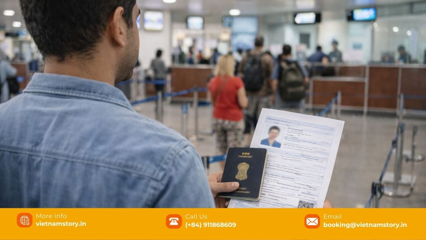Indian traveller holding passport and Vietnam e-visa while waiting at immigration in Vietnam airport