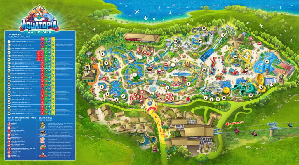 Aquatopia Water Park map showing rides, themed areas and visitor facilities on Hon Thom Island