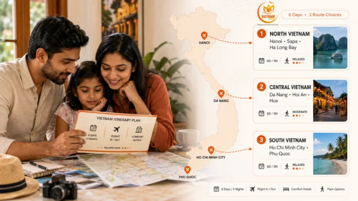 Indian travellers comparing North, Central and South Vietnam routes for a six-day trip